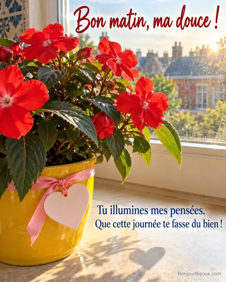 Une impatiens rouge dans un pot jaune reçoit la lumière du matin près d’un cœur rose, avec le texte « Bon matin, ma douce ! Tu illumines mes pensées. Que cette journée te fasse du bien ! ».