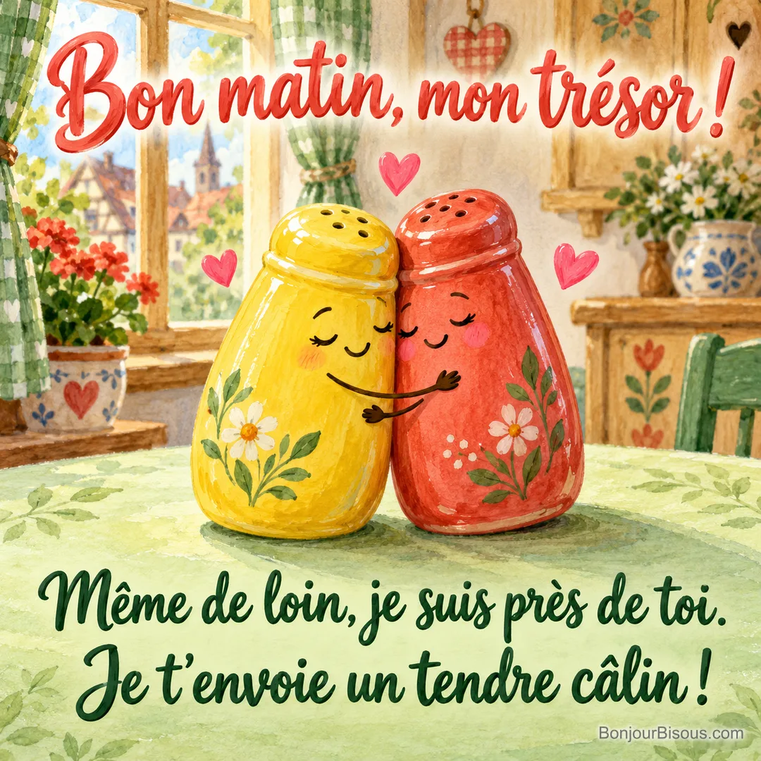 Une salière jaune et une poivrière corail s’enlacent dans une cuisine éclairée au matin, avec le texte « Bon matin, mon trésor ! Même de loin, je suis près de toi. Je t’envoie un tendre câlin ! ». Une salière jaune et une poivrière corail s’enlacent dans une cuisine éclairée au matin, avec le texte « Bon matin, mon trésor ! Même de loin, je suis près de toi. Je t’envoie un tendre câlin ! ».