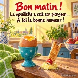 Une mouillette coiffée d’un bonnet de bain rate son plongeon à côté d’un œuf à la coque, avec le texte « Bon matin ! La mouillette a raté son plongeon… À toi la bonne humeur ! ».