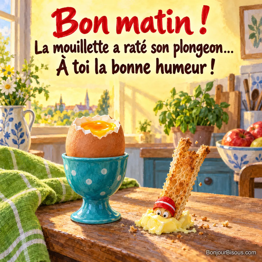 Une mouillette coiffée d’un bonnet de bain rate son plongeon à côté d’un œuf à la coque, avec le texte « Bon matin ! La mouillette a raté son plongeon… À toi la bonne humeur ! ».
