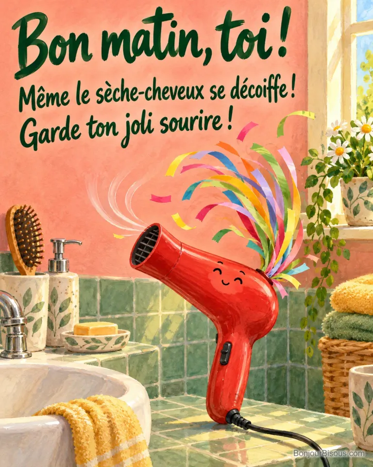 Un sèche-cheveux rouge soulève son propre toupet de papier coloré dans le souffle, avec le texte « Bon matin, toi ! Même le sèche-cheveux se décoiffe ! Garde ton joli sourire ! ».
