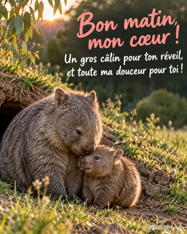 Une mère wombat touche tendrement le front de son petit au lever du jour, avec le texte « Bon matin, mon cœur ! Un gros câlin pour ton réveil, et toute ma douceur pour toi ! ».