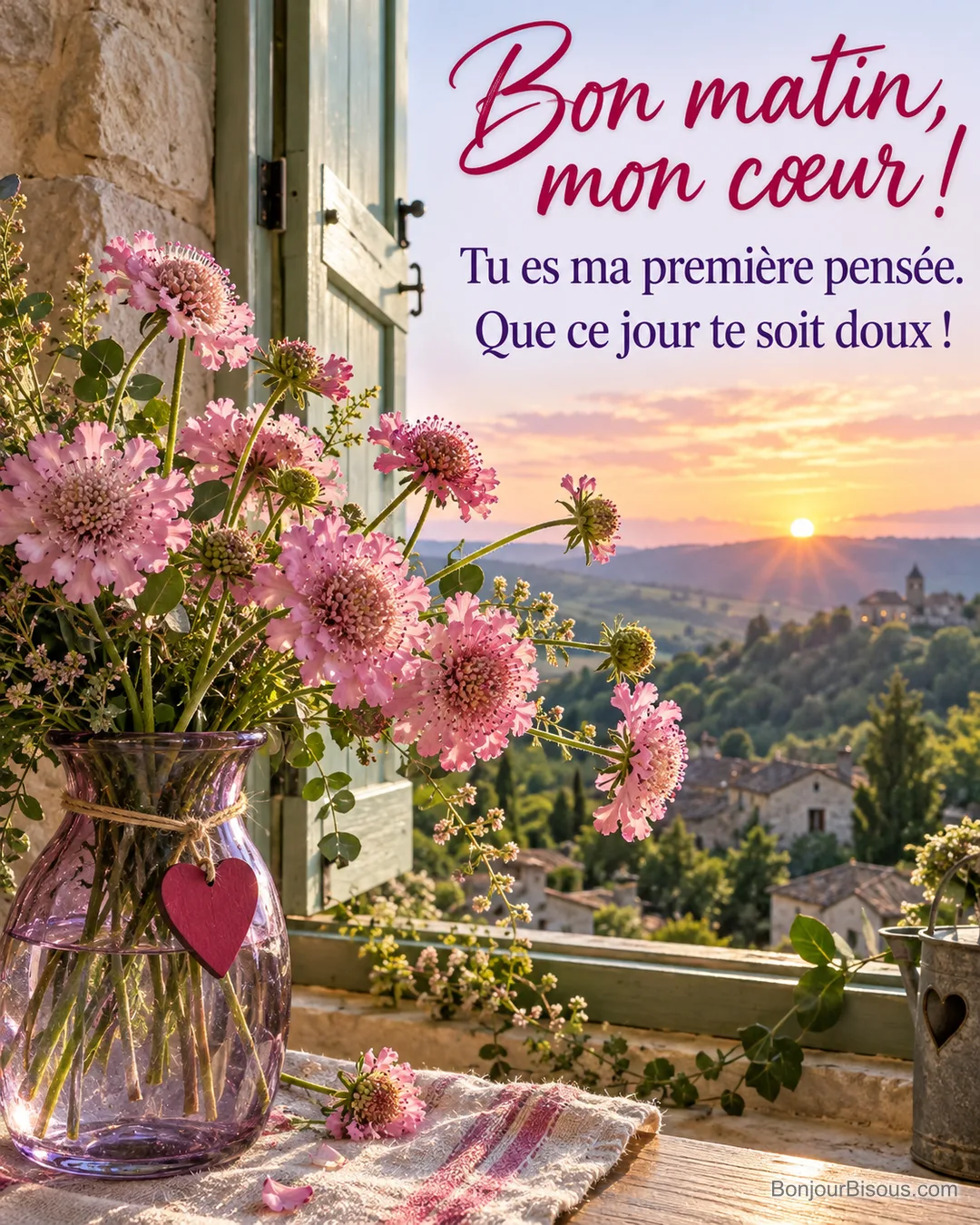 Des scabieuses roses se tournent vers la lumière du matin dans une carafe ornée d’un petit cœur, avec le texte « Bon matin, mon cœur ! Tu es ma première pensée. Que ce jour te soit doux ! ».