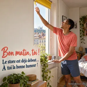 Un jeune homme tente de rattraper un store jaune qui se réenroule trop vite au réveil, avec le texte « Bon matin, toi ! Le store est déjà debout… À toi la bonne humeur ! ».