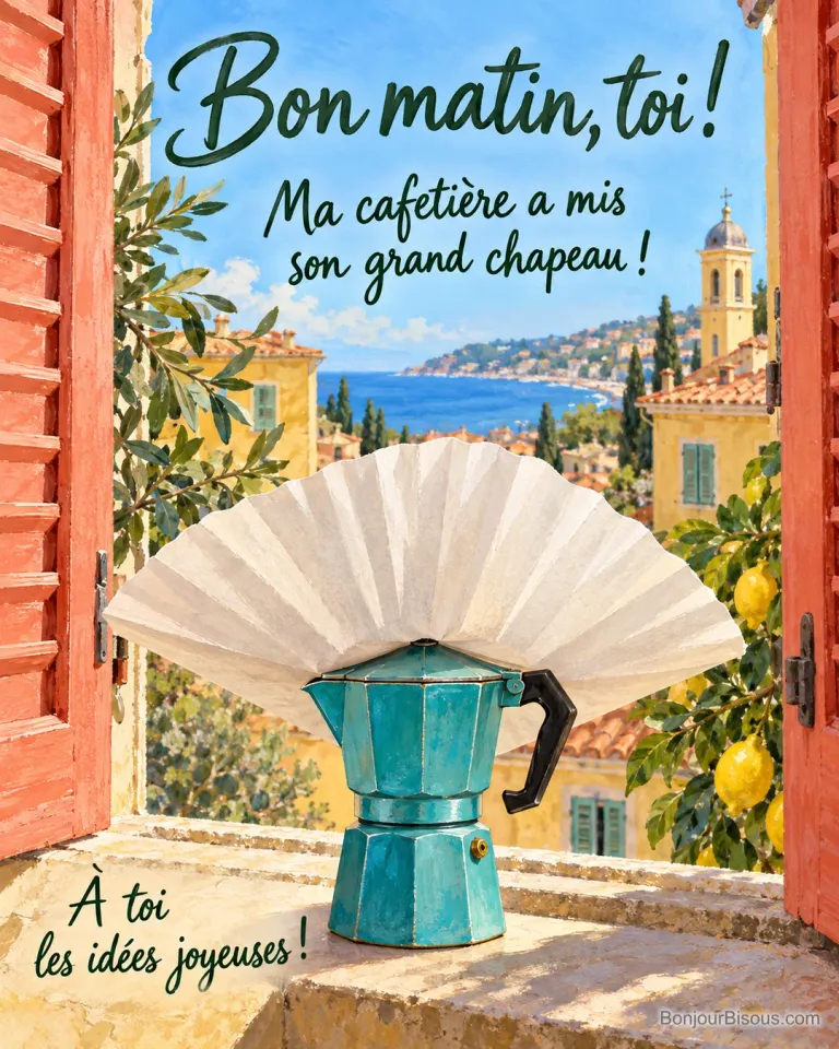 Une petite cafetière italienne turquoise porte un énorme filtre à café en papier comme un chapeau. Le message est : « Bon matin, toi ! Ma cafetière a mis son grand chapeau ! À toi les idées joyeuses ! ».