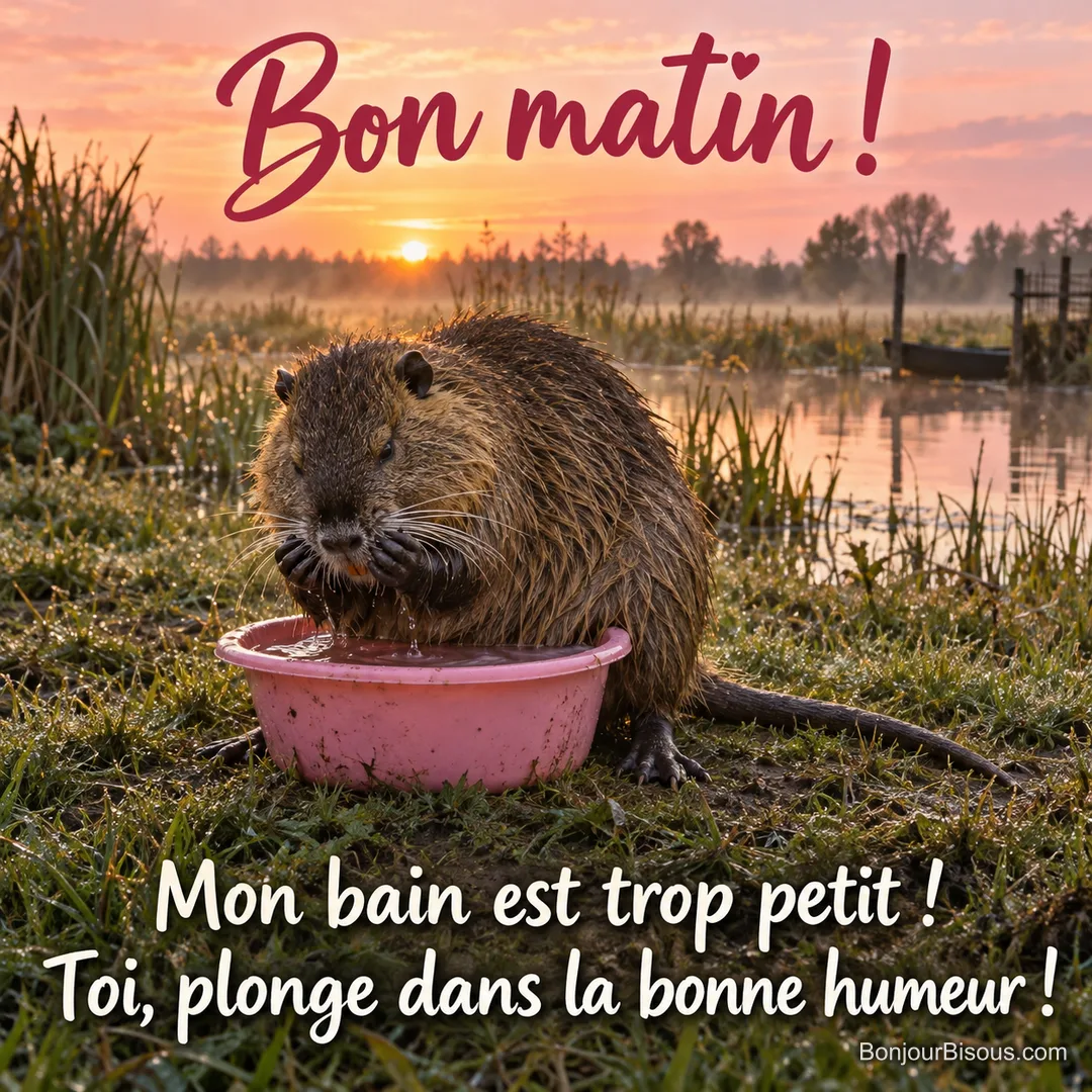 Un gros ragondin prend son bain dans une petite bassine rose dont son arrière-train déborde largement. Le message est : « Bon matin ! Mon bain est trop petit ! Toi, plonge dans la bonne humeur ! ».