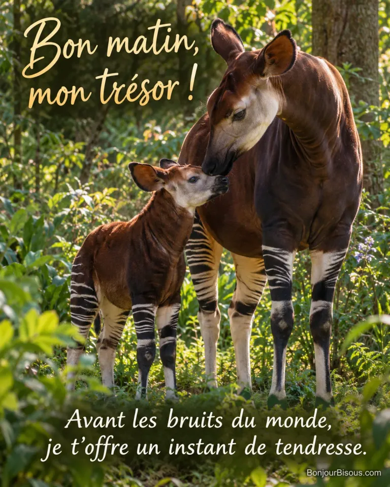 Une mère okapi baisse son museau vers son petit blotti contre elle dans la lumière du matin. Le message est : « Bon matin, mon trésor ! Avant les bruits du monde, je t’offre un instant de tendresse. ».