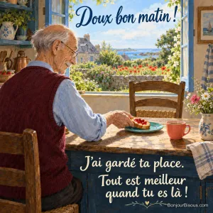Un homme âgé prépare avec tendresse une tartine à la confiture pour la place libre en face de lui. Le message est : « Doux bon matin ! J’ai gardé ta place. Tout est meilleur quand tu es là ! ».