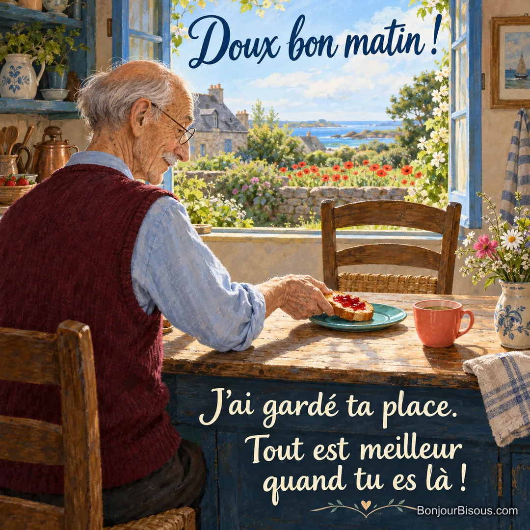 Un homme âgé prépare avec tendresse une tartine à la confiture pour la place libre en face de lui. Le message est : « Doux bon matin ! J’ai gardé ta place. Tout est meilleur quand tu es là ! ».