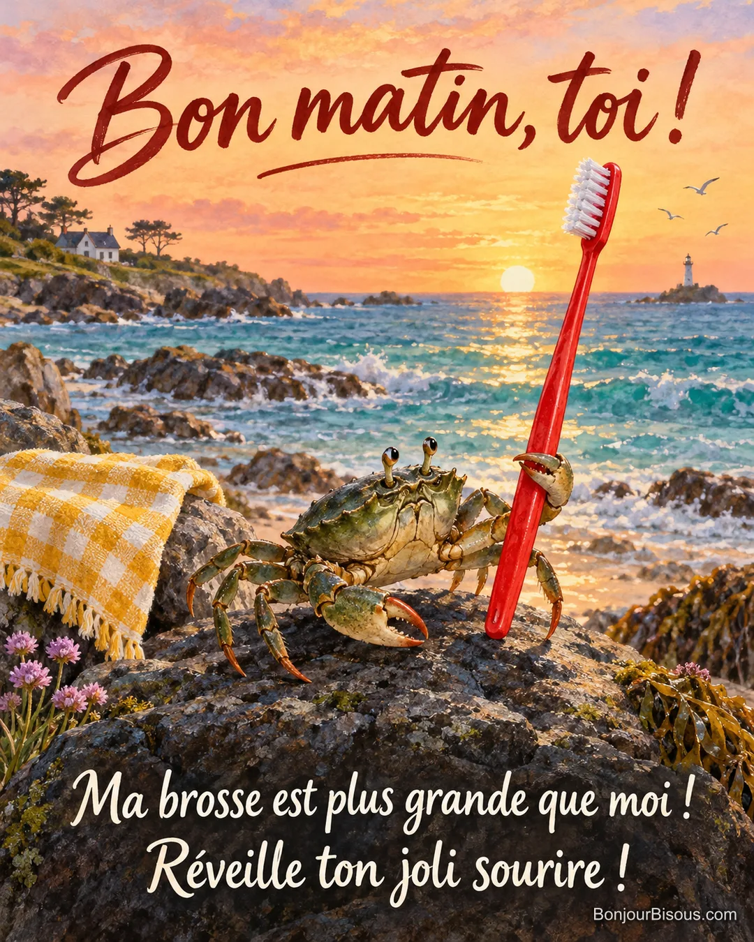Un crabe tient une brosse à dents rouge plus grande que lui sur une plage au soleil levant. Le message est : « Bon matin, toi ! Ma brosse est plus grande que moi ! Réveille ton joli sourire ! ».