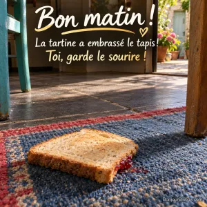 Une tartine de pain est tombée côté confiture de fraise sur un tapis bleu de cuisine. Le message est : « Bon matin ! La tartine a embrassé le tapis ! Toi, garde le sourire ! ».