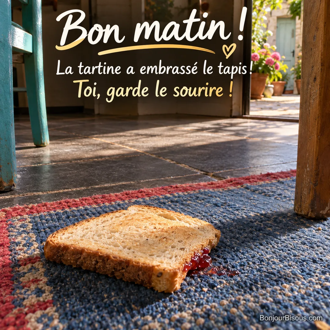 Une tartine de pain est tombée côté confiture de fraise sur un tapis bleu de cuisine. Le message est : « Bon matin ! La tartine a embrassé le tapis ! Toi, garde le sourire ! ».