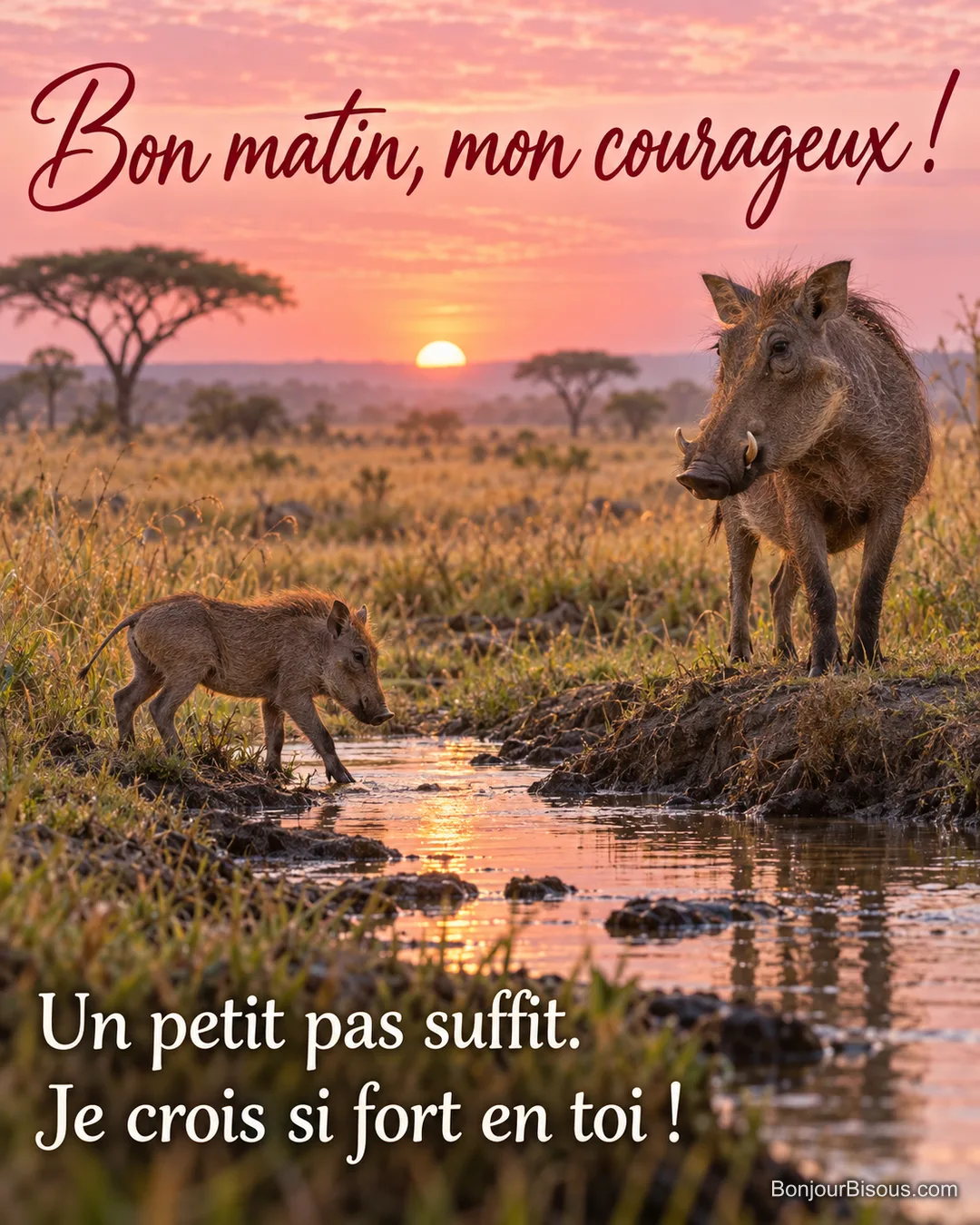 Une mère phacochère encourage son unique petit à franchir un mince filet d’eau au lever du jour. Le message est : « Bon matin, mon courageux ! Un petit pas suffit. Je crois si fort en toi ! ».