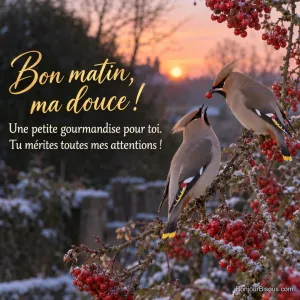 Un jaseur boréal offre une baie rouge à son compagnon sur un sorbier au petit matin. Le message est : « Bon matin, ma douce ! Une petite gourmandise pour toi. Tu mérites toutes mes attentions ! ».