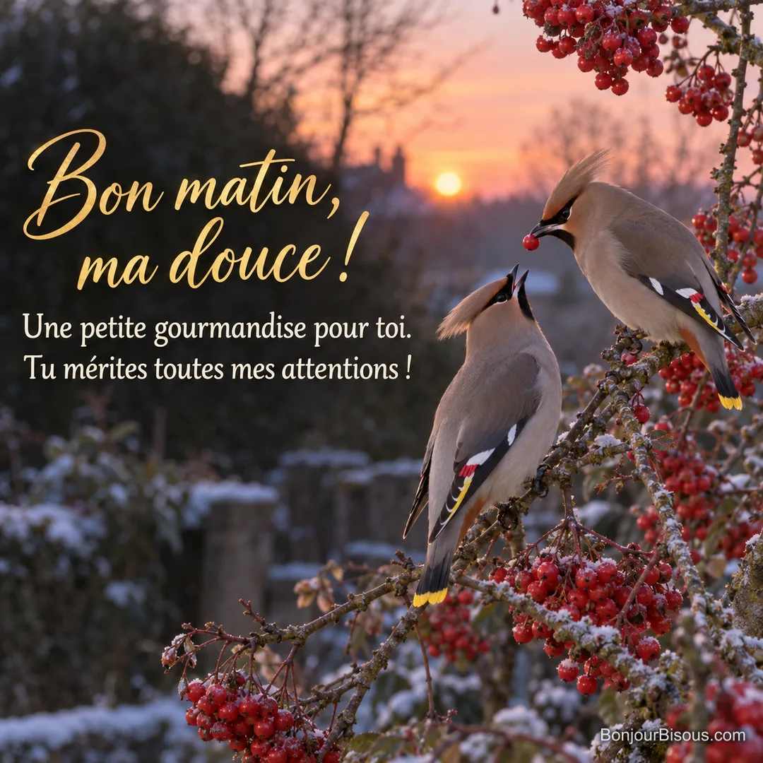 Un jaseur boréal offre une baie rouge à son compagnon sur un sorbier au petit matin. Le message est : « Bon matin, ma douce ! Une petite gourmandise pour toi. Tu mérites toutes mes attentions ! ».