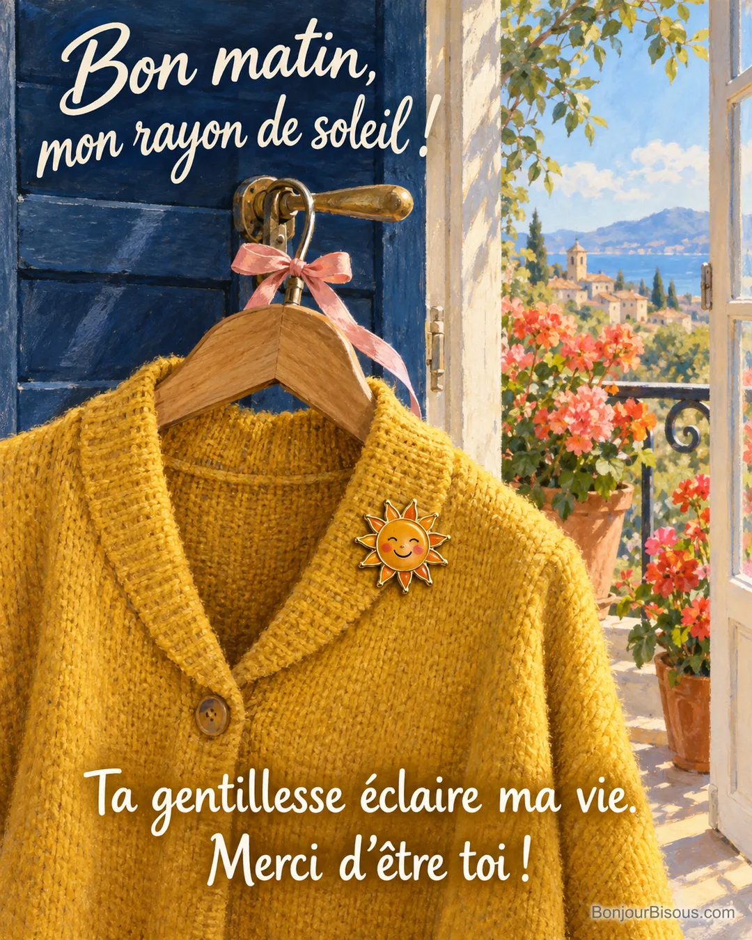 Une broche soleil orange offerte en cadeau illumine le col d’un gilet jaune devant un balcon fleuri au matin. Le message est : « Bon matin, mon rayon de soleil ! Ta gentillesse éclaire ma vie. Merci d’être toi ! ». Une broche soleil orange offerte en cadeau illumine le col d’un gilet jaune devant un balcon fleuri au matin. Le message est : « Bon matin, mon rayon de soleil ! Ta gentillesse éclaire ma vie. Merci d’être toi ! ».