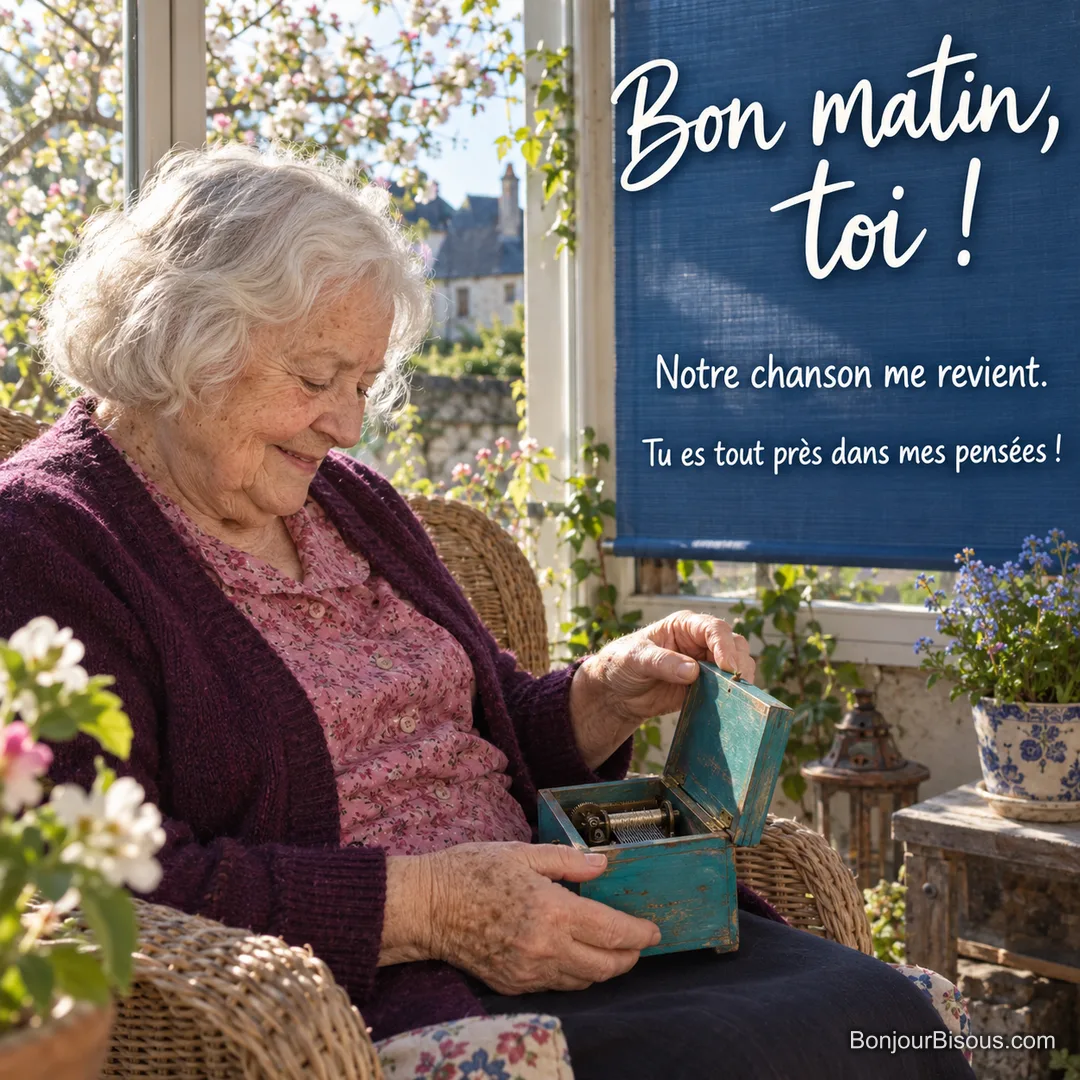 Une femme de 81 ans ouvre avec tendresse une ancienne boîte à musique turquoise dans sa véranda ensoleillée. Le message est : « Bon matin, toi ! Notre chanson me revient. Tu es tout près dans mes pensées ! ».