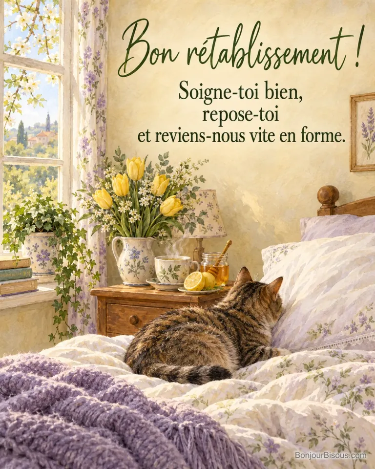 Peinture d’une chambre douillette avec un chat tigré couché sur l’édredon, une tisane, du miel, un citron et des tulipes jaunes sur la table de chevet, avec le texte « Bon rétablissement ! Soigne-toi bien, repose-toi et reviens-nous vite en forme. »