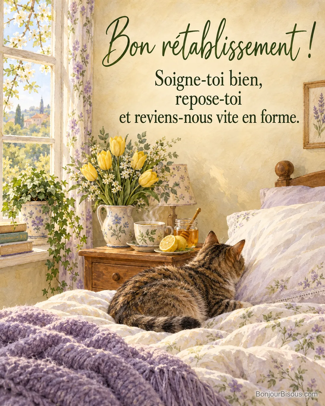 Peinture d’une chambre douillette avec un chat tigré couché sur l’édredon, une tisane, du miel, un citron et des tulipes jaunes sur la table de chevet, avec le texte « Bon rétablissement ! Soigne-toi bien, repose-toi et reviens-nous vite en forme. » Peinture d’une chambre douillette avec un chat tigré couché sur l’édredon, une tisane, du miel, un citron et des tulipes jaunes sur la table de chevet, avec le texte « Bon rétablissement ! Soigne-toi bien, repose-toi et reviens-nous vite en forme. »
