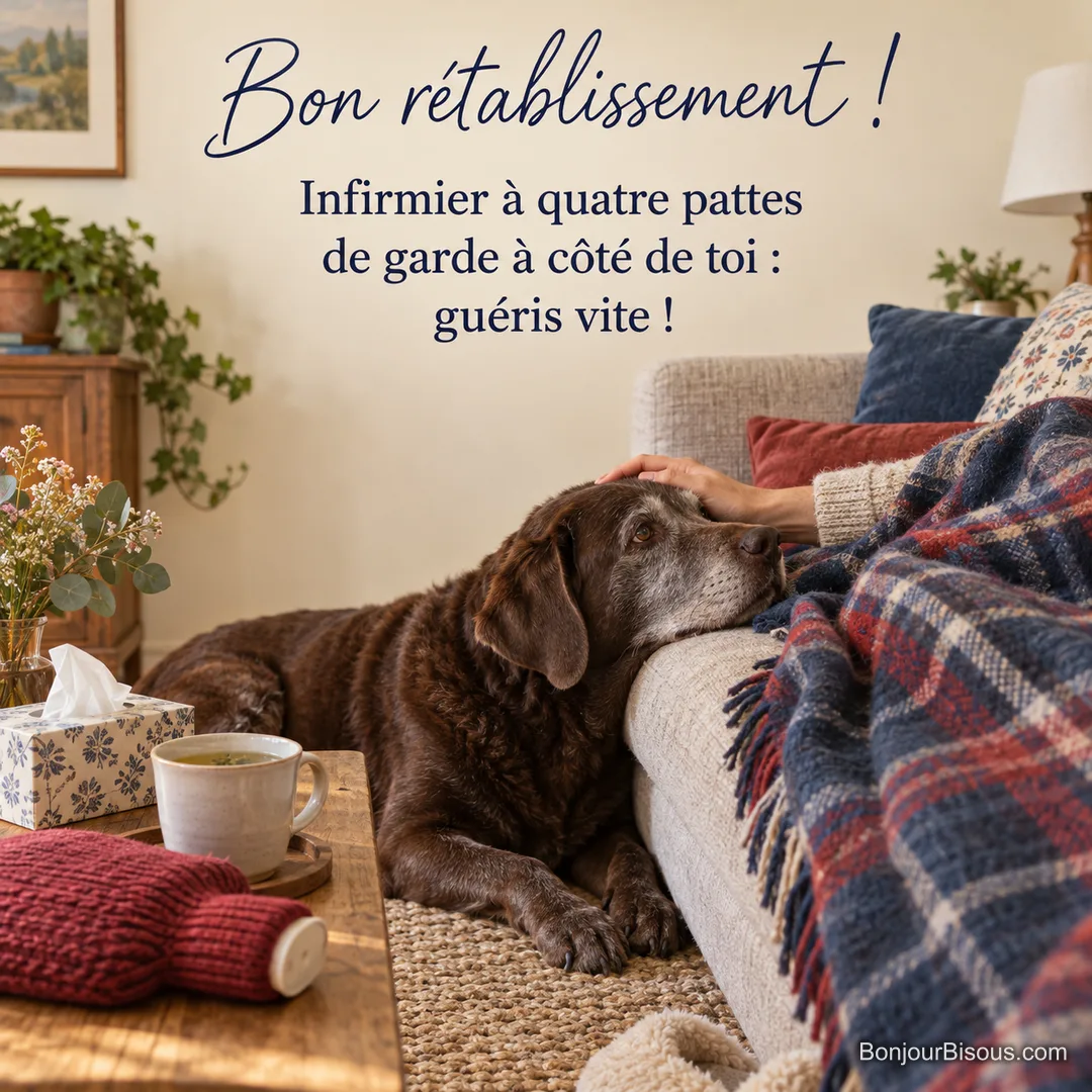 Photo d’un labrador chocolat qui pose le menton sur le bord d’un canapé, caressé par une main sous un plaid écossais, avec tisane, mouchoirs et bouillotte, avec le texte « Bon rétablissement ! Infirmier à quatre pattes de garde à côté de toi : guéris vite ! » Photo d’un labrador chocolat qui pose le menton sur le bord d’un canapé, caressé par une main sous un plaid écossais, avec tisane, mouchoirs et bouillotte, avec le texte « Bon rétablissement ! Infirmier à quatre pattes de garde à côté de toi : guéris vite ! »