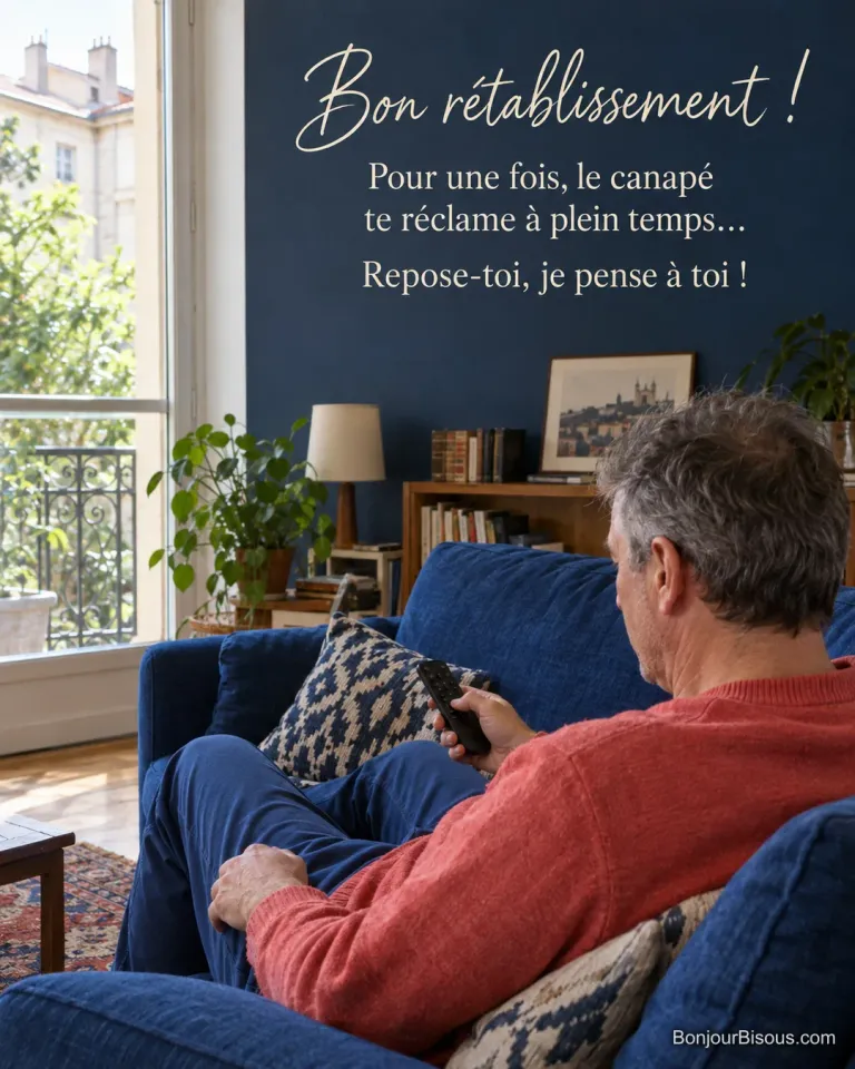 Un homme se repose sur un canapé bleu avec une télécommande à la main, avec le texte « Bon rétablissement ! Pour une fois, le canapé te réclame à plein temps… Repose-toi, je pense à toi ! ».