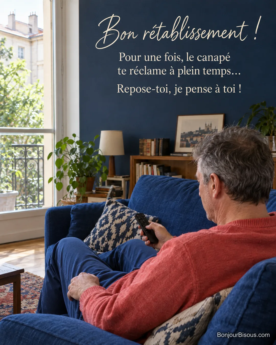 Un homme se repose sur un canapé bleu avec une télécommande à la main, avec le texte « Bon rétablissement ! Pour une fois, le canapé te réclame à plein temps… Repose-toi, je pense à toi ! ». Un homme se repose sur un canapé bleu avec une télécommande à la main, avec le texte « Bon rétablissement ! Pour une fois, le canapé te réclame à plein temps… Repose-toi, je pense à toi ! ».