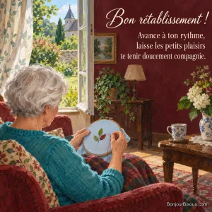 Une femme brode de petites feuilles colorées sur un tambour près d’une fenêtre ouverte, avec le texte « Bon rétablissement ! Avance à ton rythme, laisse les petits plaisirs te tenir doucement compagnie. ».