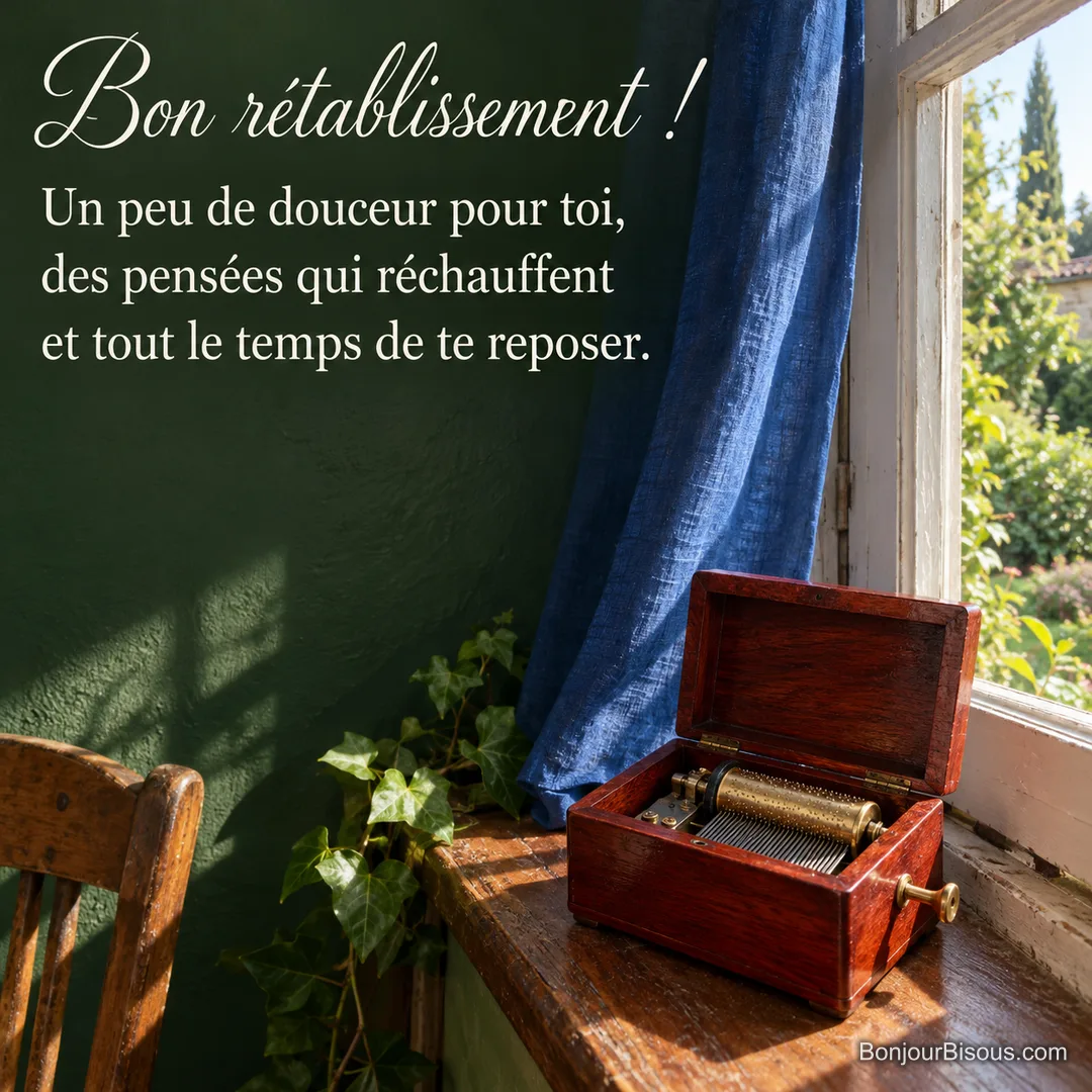 Une boîte à musique ouverte laisse voir son mécanisme près d’un rideau bleu soulevé par la brise, avec le texte « Bon rétablissement ! Un peu de douceur pour toi, des pensées qui réchauffent et tout le temps de te reposer. ». Une boîte à musique ouverte laisse voir son mécanisme près d’un rideau bleu soulevé par la brise, avec le texte « Bon rétablissement ! Un peu de douceur pour toi, des pensées qui réchauffent et tout le temps de te reposer. ».