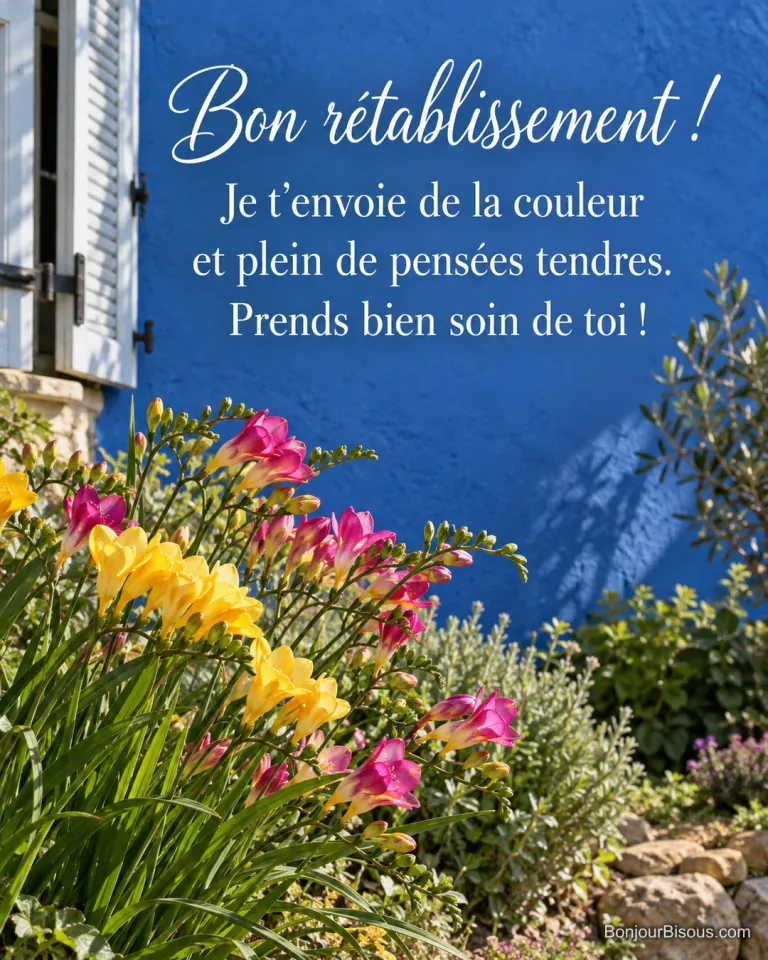 Des freesias jaunes et fuchsia s’épanouissent au pied d’un mur bleu, avec le texte « Bon rétablissement ! Je t’envoie de la couleur et plein de pensées tendres. Prends bien soin de toi ! ».