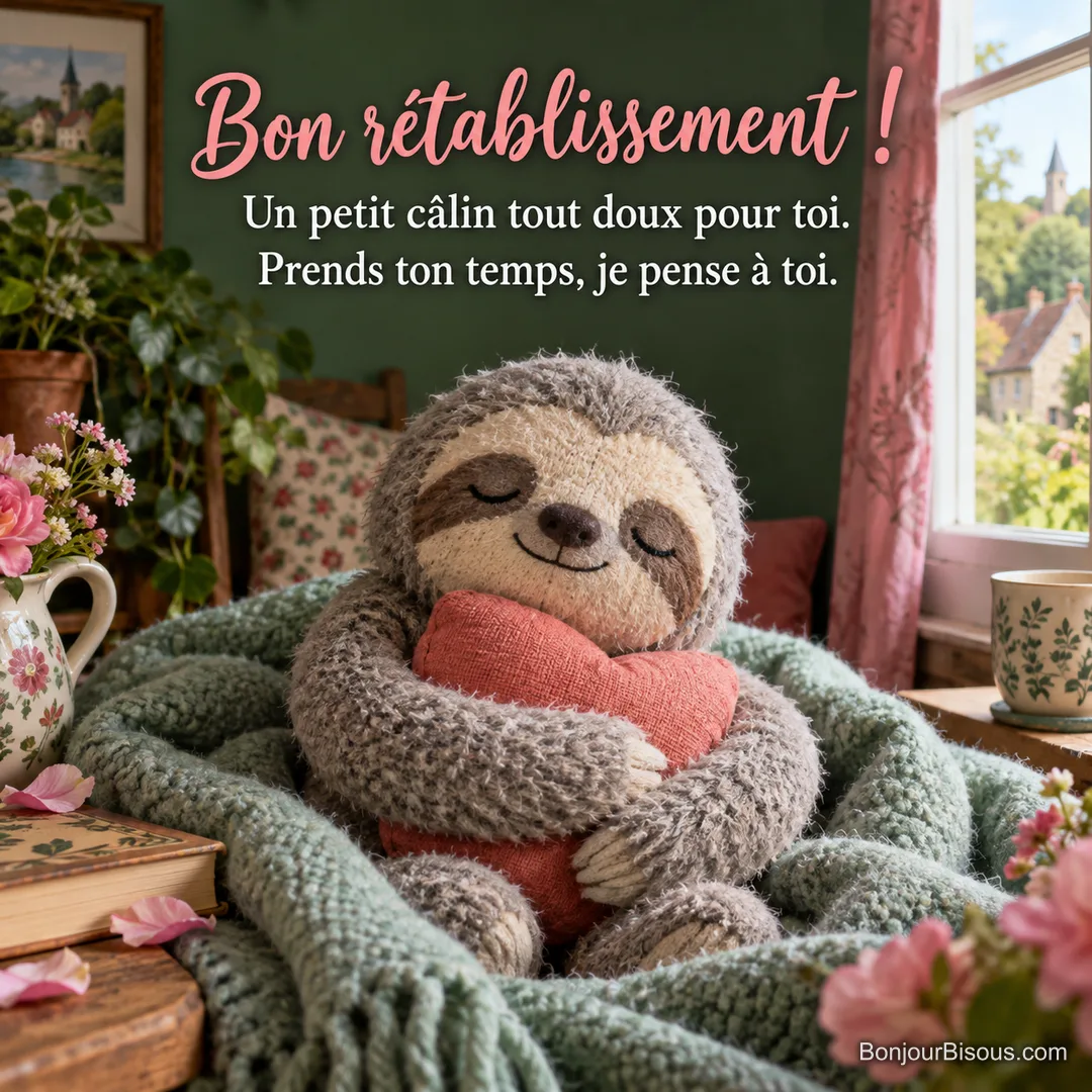 Un doudou paresseux en laine serre un petit coussin corail au creux d’une couverture vert d’eau, avec le texte « Bon rétablissement ! Un petit câlin tout doux pour toi. Prends ton temps, je pense à toi. ». Un doudou paresseux en laine serre un petit coussin corail au creux d’une couverture vert d’eau, avec le texte « Bon rétablissement ! Un petit câlin tout doux pour toi. Prends ton temps, je pense à toi. ».