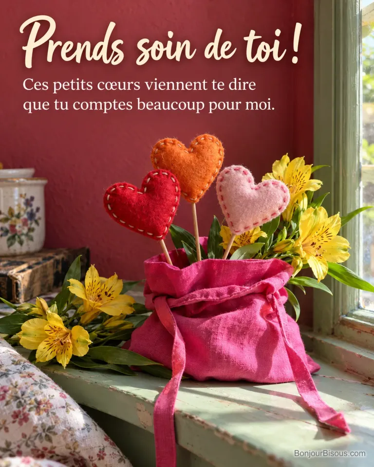 Trois petits cœurs de feutre rouge, orange et rose débordent d’une pochette rose accompagnée de fleurs jaunes, avec le texte « Prends soin de toi ! Ces petits cœurs viennent te dire que tu comptes beaucoup pour moi. ».