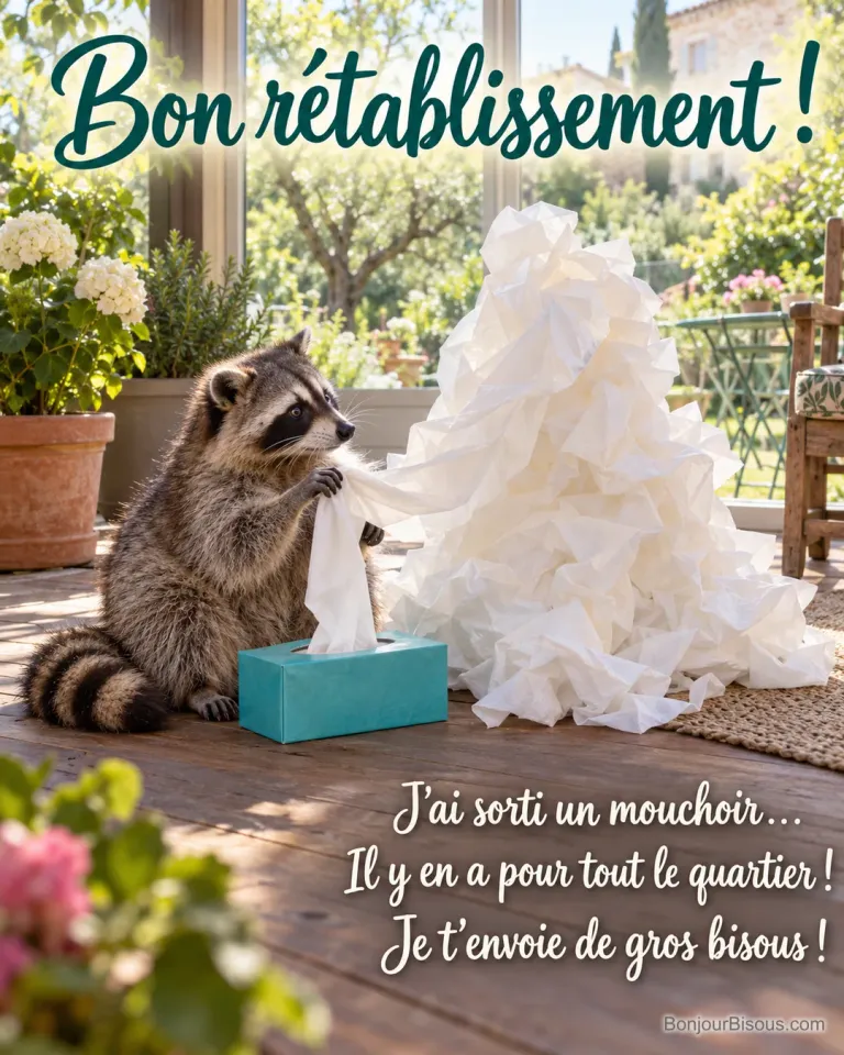 Un raton laveur tire une immense bande de papier d’une boîte de mouchoirs et se retrouve devant un tas plus grand que lui. Le message est : « Bon rétablissement ! J’ai sorti un mouchoir… Il y en a pour tout le quartier ! Je t’envoie de gros bisous ! ».