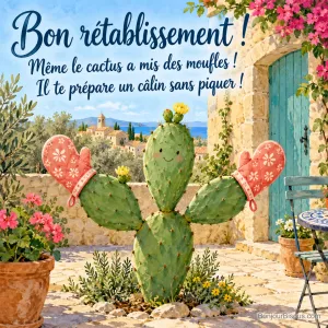 Un cactus aux bras ouverts porte deux moufles corail pour offrir un câlin sans piquer. Le message est : « Bon rétablissement ! Même le cactus a mis des moufles ! Il te prépare un câlin sans piquer ! ».