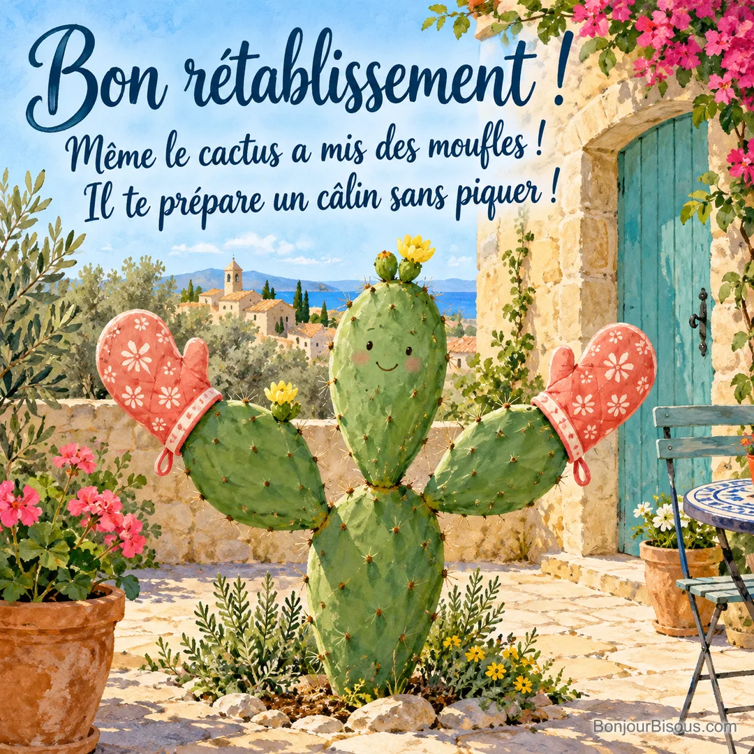 Un cactus aux bras ouverts porte deux moufles corail pour offrir un câlin sans piquer. Le message est : « Bon rétablissement ! Même le cactus a mis des moufles ! Il te prépare un câlin sans piquer ! ». Un cactus aux bras ouverts porte deux moufles corail pour offrir un câlin sans piquer. Le message est : « Bon rétablissement ! Même le cactus a mis des moufles ! Il te prépare un câlin sans piquer ! ».