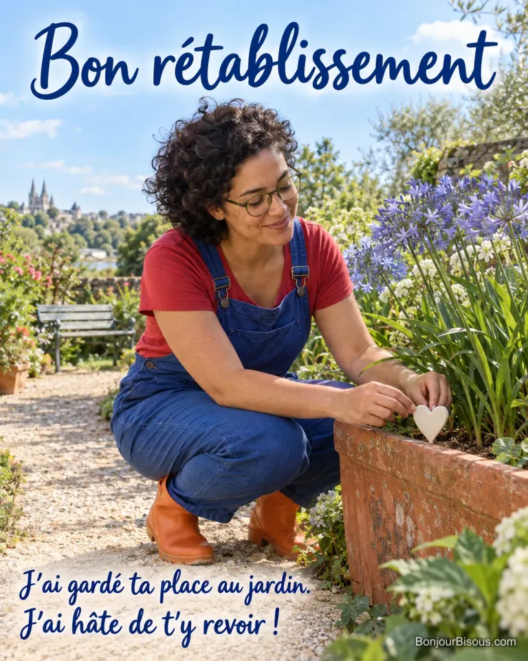 Une jeune jardinière place un petit cœur de céramique dans une jardinière d’agapanthes bleues réservée à son amie. Le message est : « Bon rétablissement J’ai gardé ta place au jardin. J’ai hâte de t’y revoir ! ».