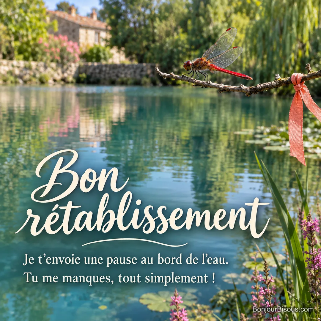 Une libellule rouge se repose sur une branche ornée d’un petit ruban corail au bord d’une mare paisible. Le message est : « Bon rétablissement Je t’envoie une pause au bord de l’eau. Tu me manques, tout simplement ! ». Une libellule rouge se repose sur une branche ornée d’un petit ruban corail au bord d’une mare paisible. Le message est : « Bon rétablissement Je t’envoie une pause au bord de l’eau. Tu me manques, tout simplement ! ».