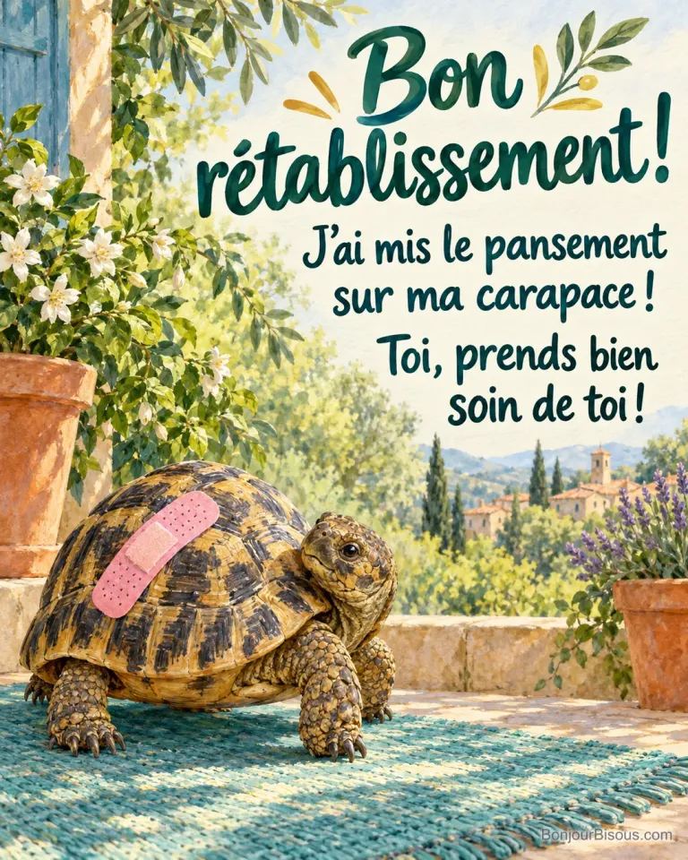Une petite tortue regarde le gros pansement rose collé sur sa carapace, sans blessure apparente. Le message est : « Bon rétablissement ! J’ai mis le pansement sur ma carapace ! Toi, prends bien soin de toi ! ».