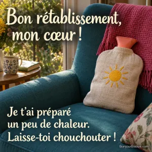 Une bouillotte corail enveloppée d’une housse de lin brodée d’un petit soleil attend sur un fauteuil accueillant. Le message est : « Bon rétablissement, mon cœur ! Je t’ai préparé un peu de chaleur. Laisse-toi chouchouter ! ».