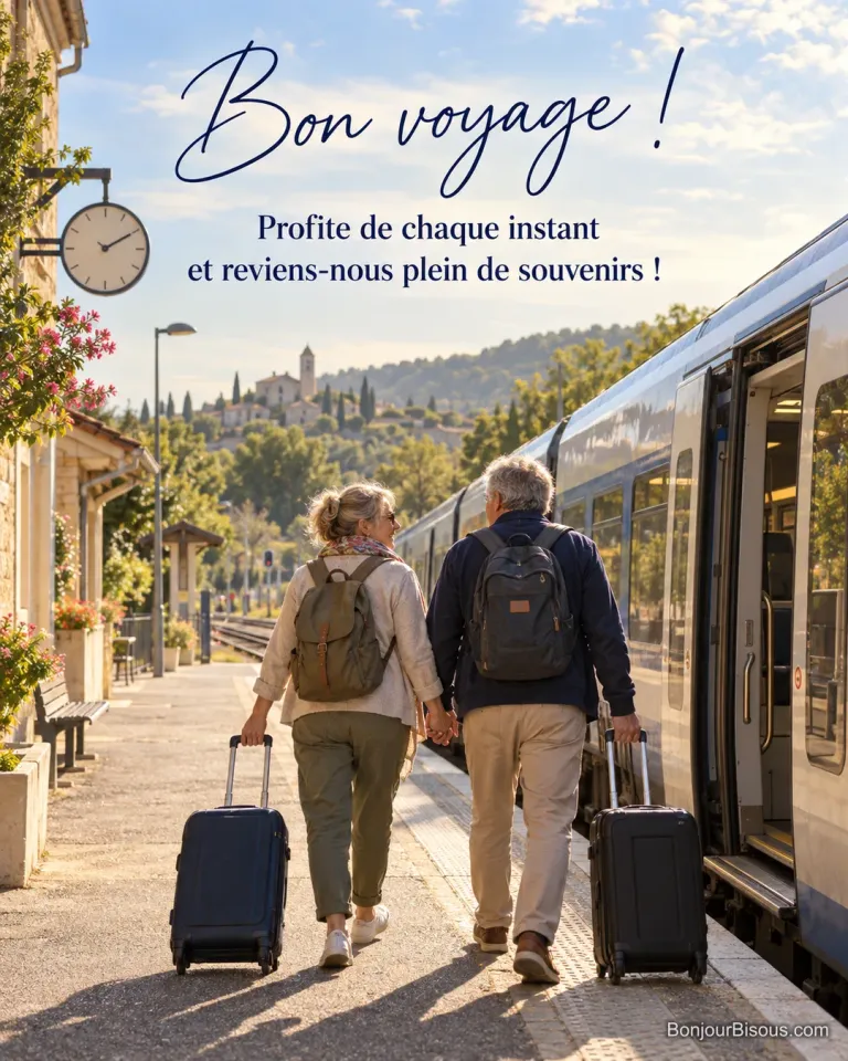 Photo d’un couple d’une soixantaine d’années vu de dos qui tire des valises sur le quai ensoleillé d’une gare de province vers un train, avec le texte « Bon voyage ! Profite de chaque instant et reviens-nous plein de souvenirs ! »