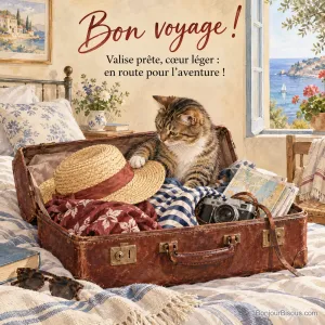 Peinture d’un chat tigré assis dans une vieille valise en cuir avec chapeau de paille, appareil photo et cartes, fenêtre ouverte sur la mer, avec le texte « Bon voyage ! Valise prête, cœur léger : en route pour l’aventure ! »