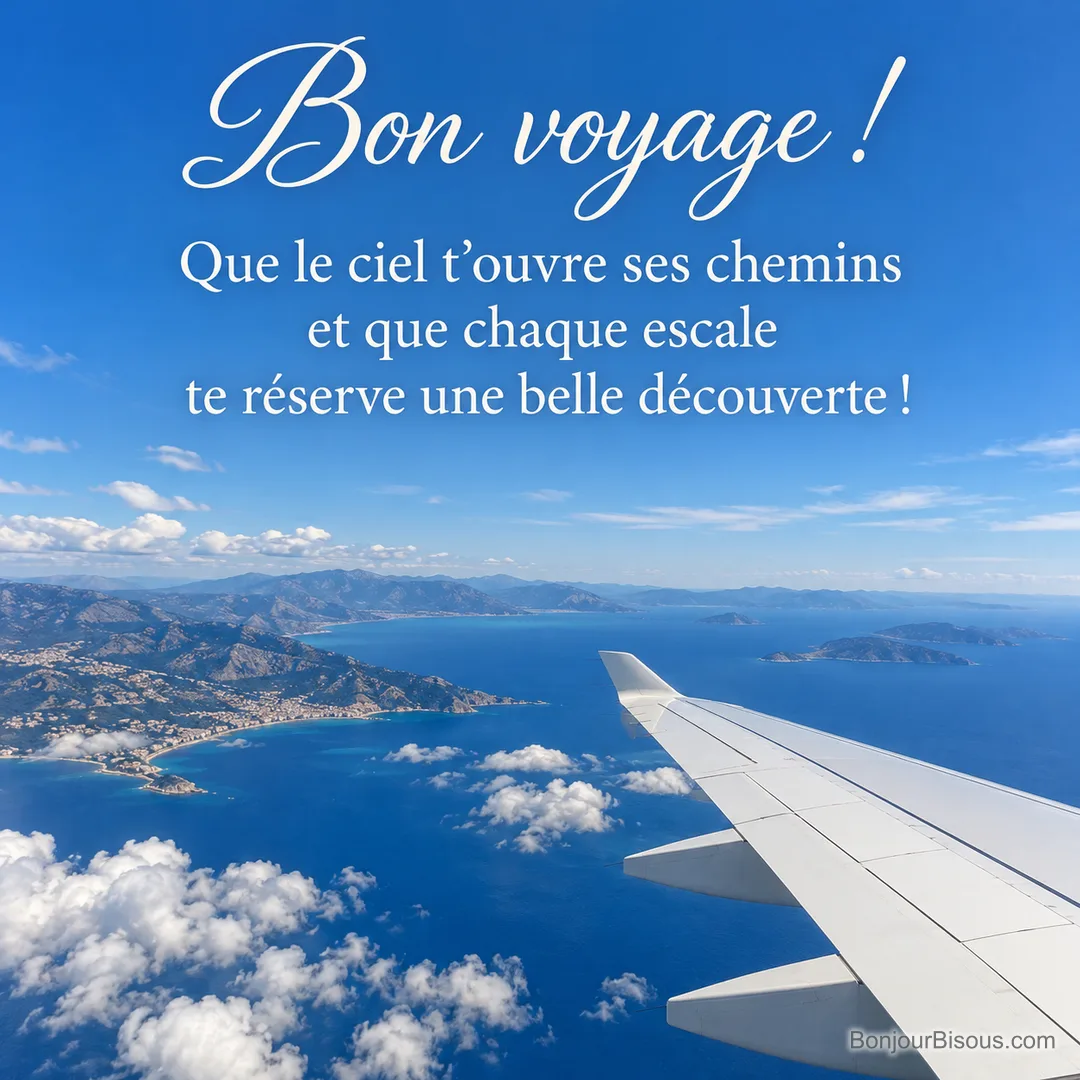 Vue depuis un hublot, aile d’avion au-dessus de nuages blancs et de la côte méditerranéenne, avec le texte « Bon voyage ! Que le ciel t’ouvre ses chemins et que chaque escale te réserve une belle découverte ! ». Vue depuis un hublot, aile d’avion au-dessus de nuages blancs et de la côte méditerranéenne, avec le texte « Bon voyage ! Que le ciel t’ouvre ses chemins et que chaque escale te réserve une belle découverte ! ».