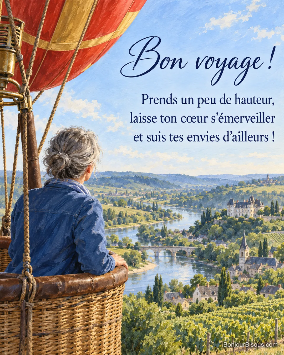 Une voyageuse vue de dos admire les vallons de Touraine depuis une montgolfière rouge, avec le texte « Bon voyage ! Prends un peu de hauteur, laisse ton cœur s’émerveiller et suis tes envies d’ailleurs ! ». Une voyageuse vue de dos admire les vallons de Touraine depuis une montgolfière rouge, avec le texte « Bon voyage ! Prends un peu de hauteur, laisse ton cœur s’émerveiller et suis tes envies d’ailleurs ! ».