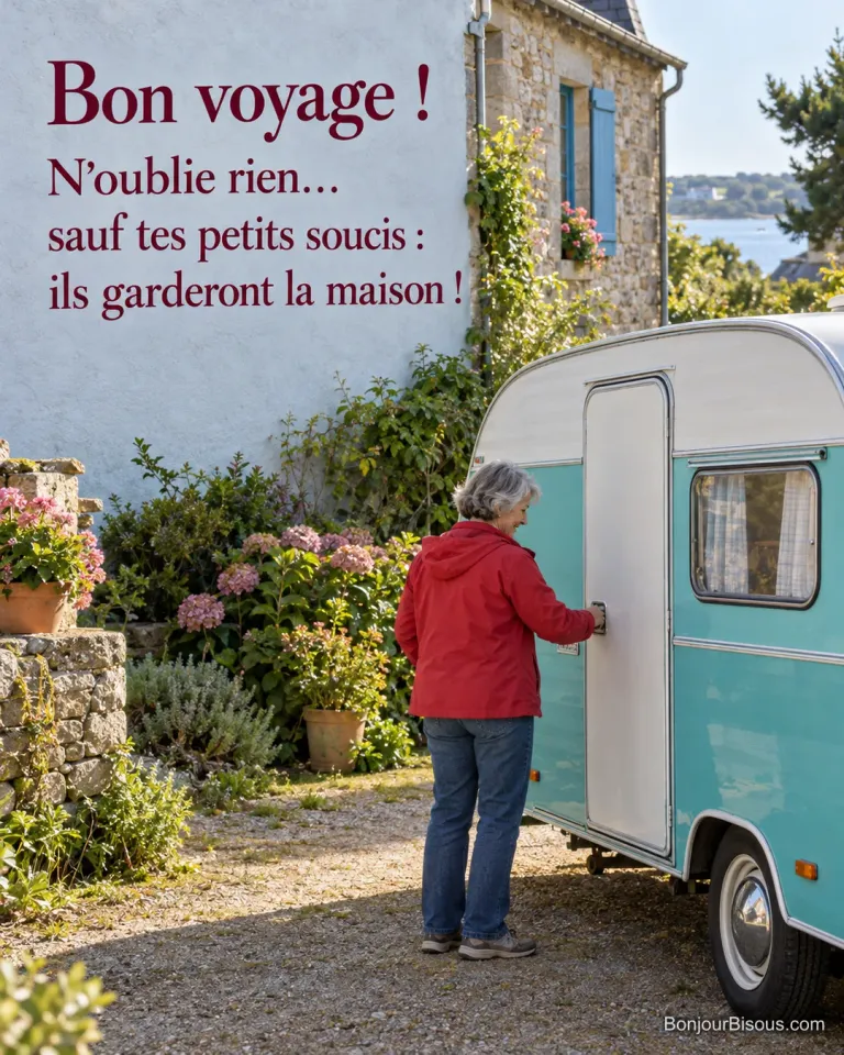 Une voyageuse ferme sa caravane turquoise devant une maison bretonne, avec le texte « Bon voyage ! N’oublie rien… sauf tes petits soucis : ils garderont la maison ! ».