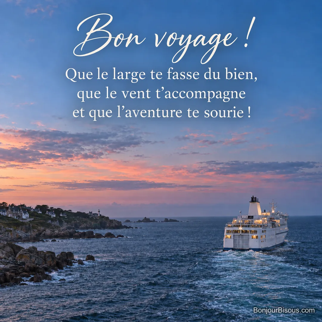Un ferry blanc quitte la côte bretonne dans une lumière rose au-dessus d’une mer bleue, avec le texte « Bon voyage ! Que le large te fasse du bien, que le vent t’accompagne et que l’aventure te sourie ! ». Un ferry blanc quitte la côte bretonne dans une lumière rose au-dessus d’une mer bleue, avec le texte « Bon voyage ! Que le large te fasse du bien, que le vent t’accompagne et que l’aventure te sourie ! ».