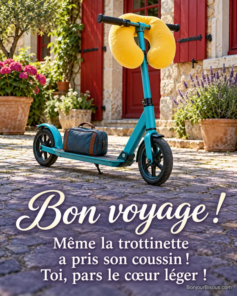 Un coussin cervical jaune entoure le guidon d’une trottinette turquoise prête au départ, avec le message « Bon voyage ! Même la trottinette a pris son coussin ! Toi, pars le cœur léger ! ».