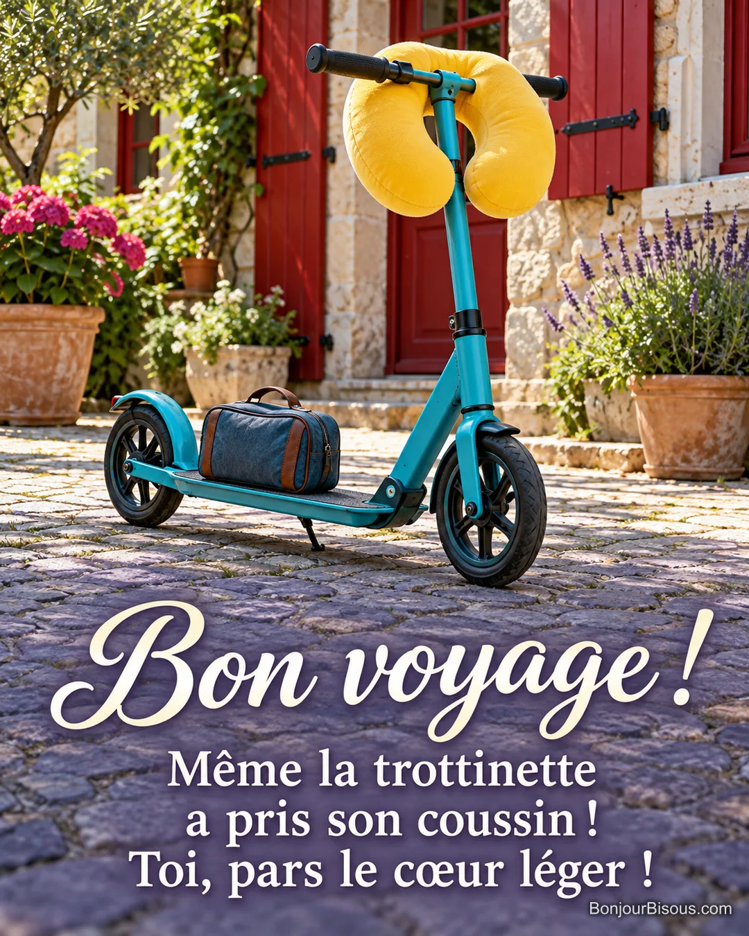 Un coussin cervical jaune entoure le guidon d’une trottinette turquoise prête au départ, avec le message « Bon voyage ! Même la trottinette a pris son coussin ! Toi, pars le cœur léger ! ».