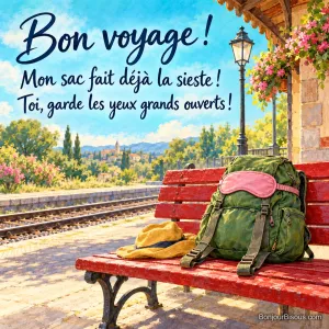 Un sac à dos vert porte un masque de nuit rose sur un banc de gare, ses bretelles pendant comme des jambes, avec le message « Bon voyage ! Mon sac fait déjà la sieste ! Toi, garde les yeux grands ouverts ! ».