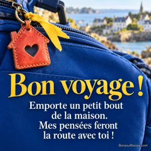 Un porte-clés en cuir corail en forme de maison à fenêtre-cœur est fixé à un sac bleu de voyage, avec le message « Bon voyage ! Emporte un petit bout de la maison. Mes pensées feront la route avec toi ! ».