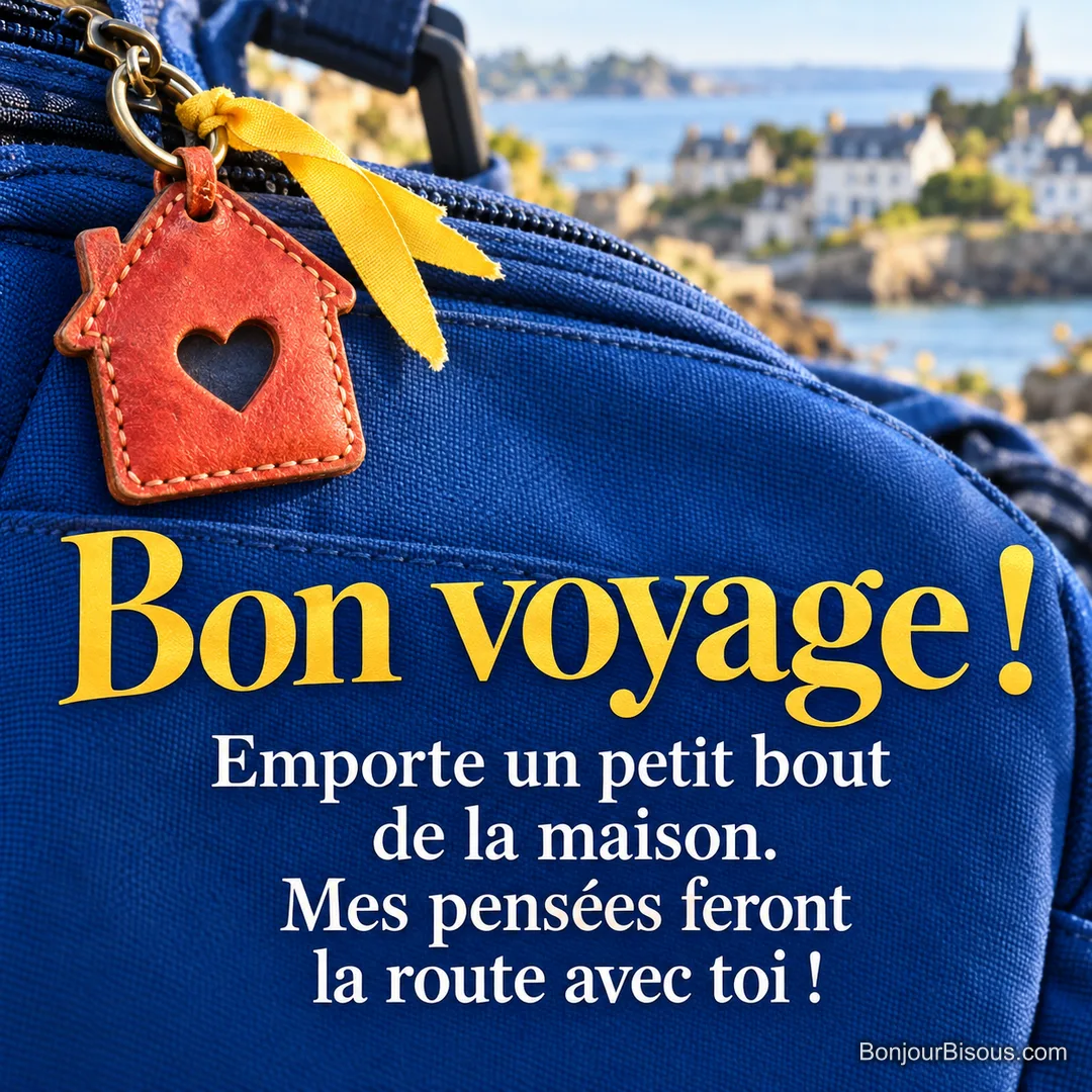 Un porte-clés en cuir corail en forme de maison à fenêtre-cœur est fixé à un sac bleu de voyage, avec le message « Bon voyage ! Emporte un petit bout de la maison. Mes pensées feront la route avec toi ! ».