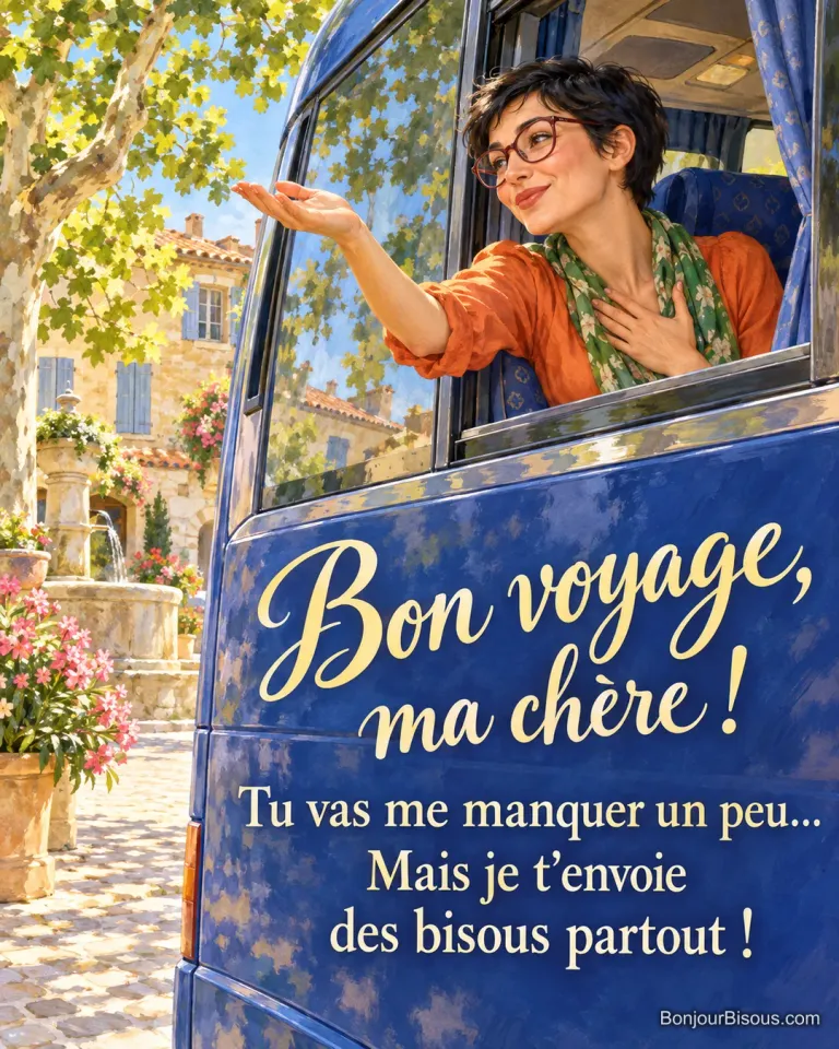 Une jeune voyageuse à la fenêtre ouverte d’un autocar pose la main sur son cœur pour adresser un tendre au revoir, avec le message « Bon voyage, ma chère ! Tu vas me manquer un peu… Mais je t’envoie des bisous partout ! ».